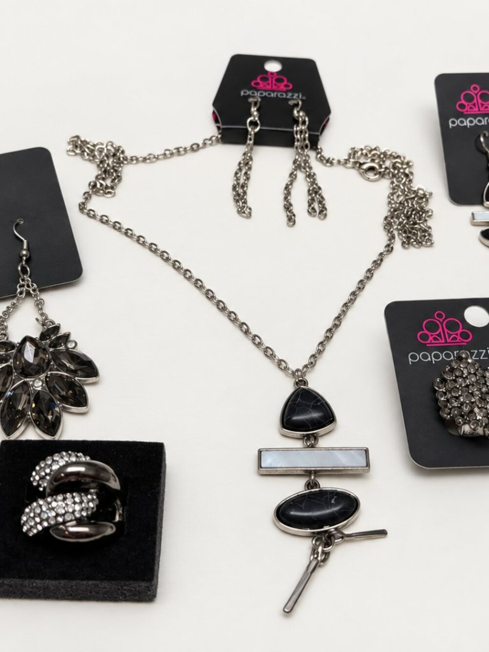 Paparazzi Black Silver Tone Bundle Necklace Set 3 Earring Pairs Ring